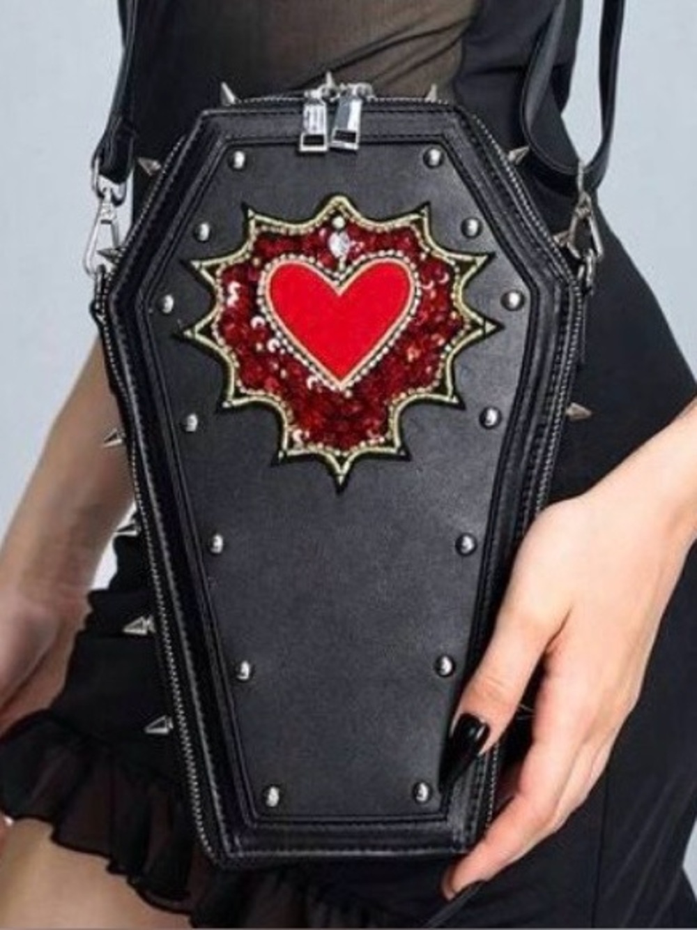 Black Coffin Crossbody Bag with Red Heart Accent
